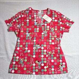 NWT Women's Disney Christmas Tinkerbell Pink XS Scrub Top Shirt V Neck Medical